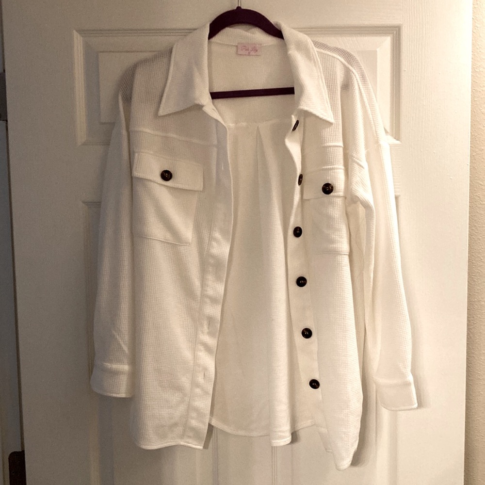 Waffle knit button-up blouse